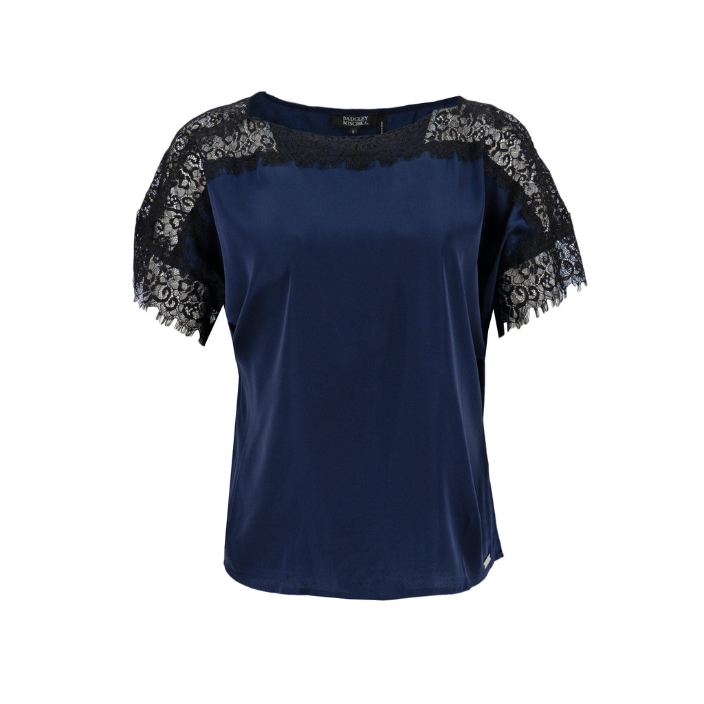 Blusa Badgley Mischka Mangas Cortas Lisa Encaje para Damas – PEACOA/WHATE