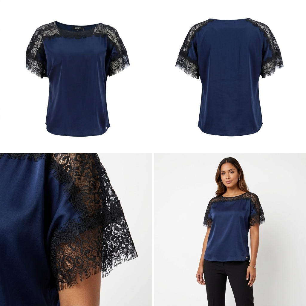 Blusa Badgley Mischka Mangas Cortas Lisa Encaje para Damas – vista 2