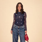 Blue printed sheer mesh long sleeve bodysuit with rounded neckline, fitted silhouette, view 2
