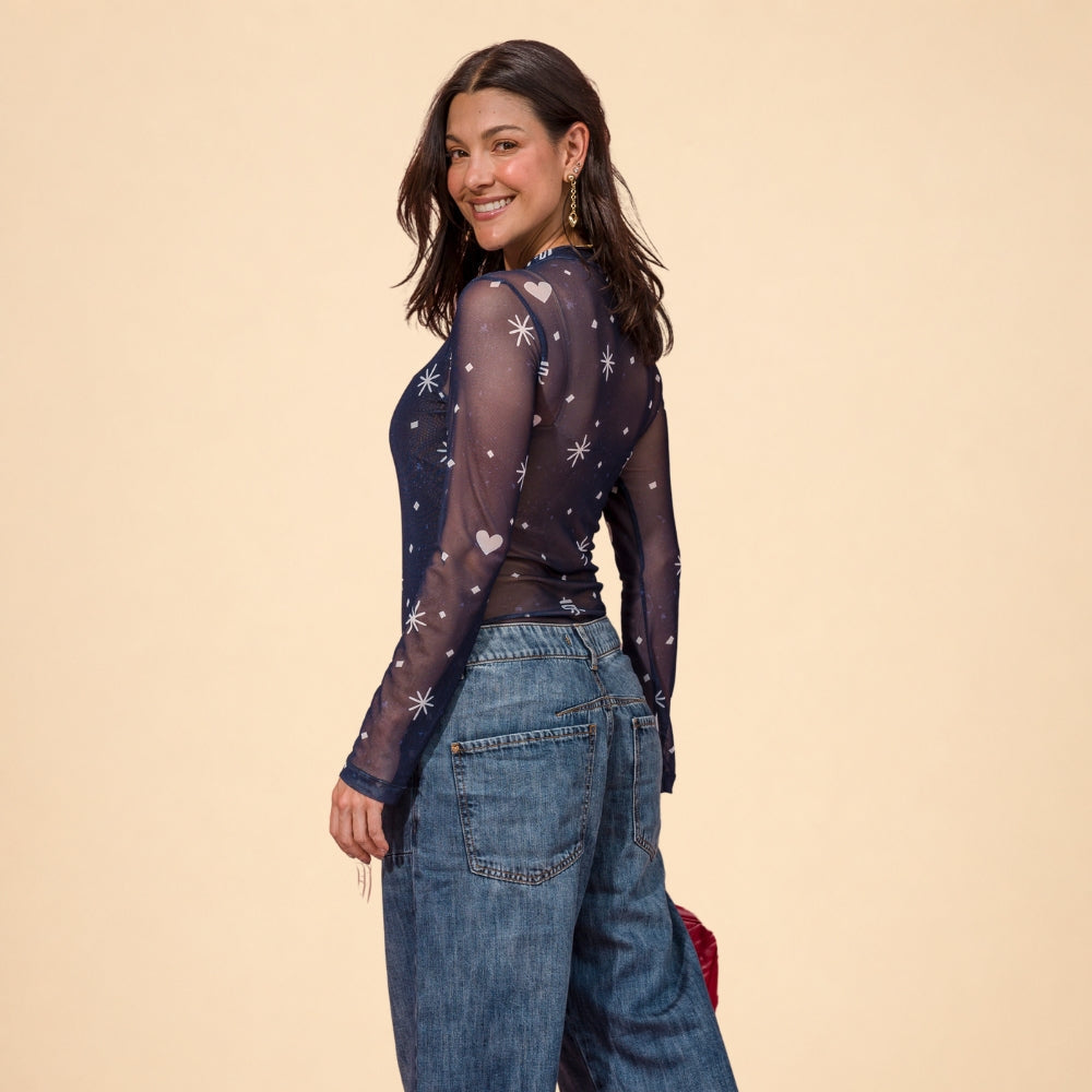 Blue printed sheer mesh long sleeve bodysuit with rounded neckline, fitted silhouette, view 4