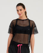 Camiseta deportiva St Even para mujer en malla negra transpirable, estilo cropped holgado de manga corta.