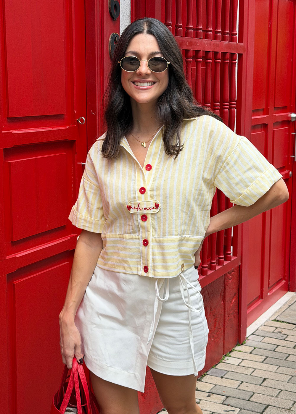 yellow stripe shirt text embroidery back detail