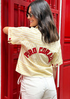 short-sleeve yellow and white striped linen shirt front view