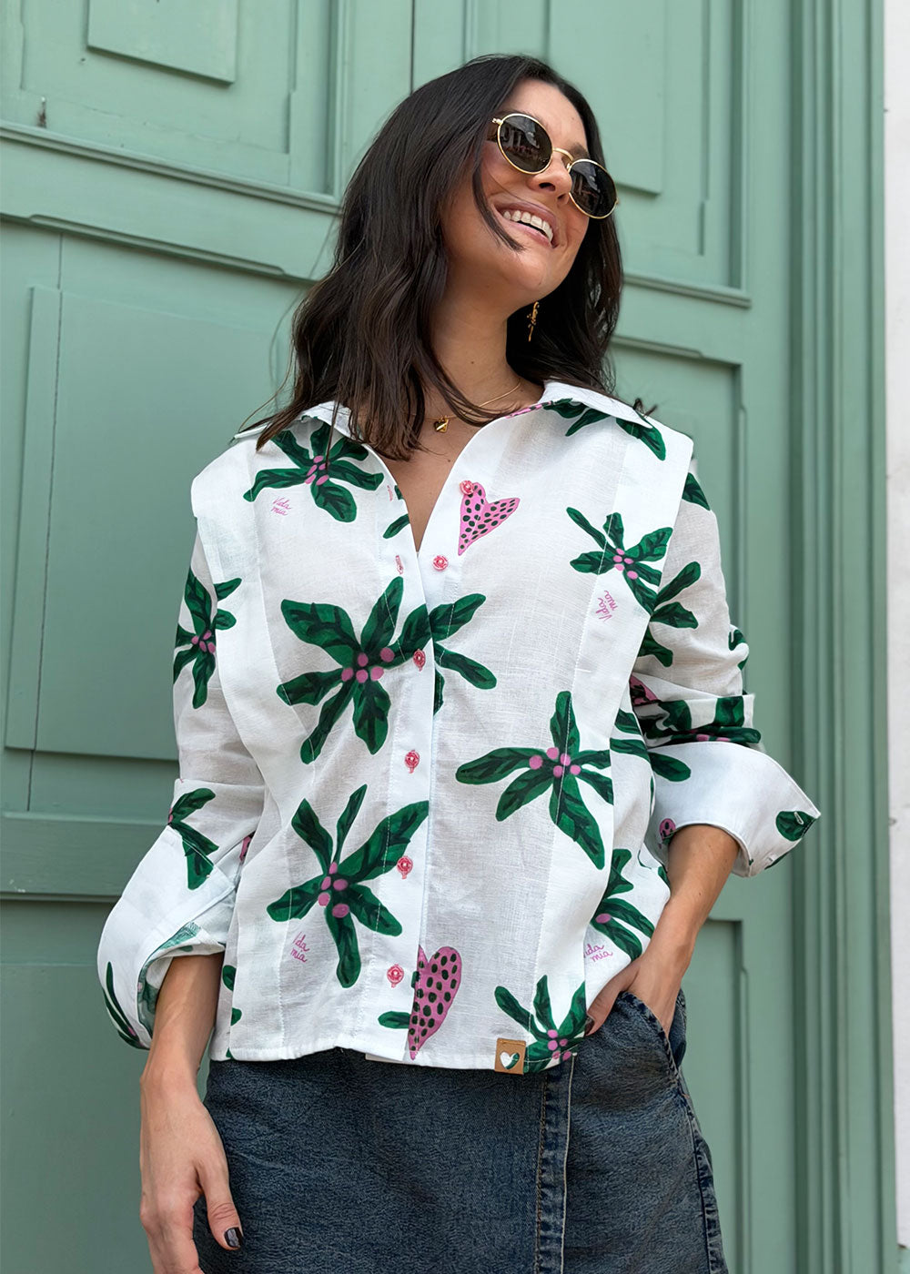 ivory long sleeve shirt print detail close-up