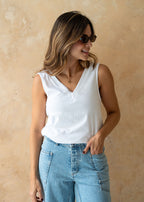 white knit top crossed open back detail