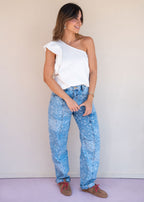 Indigo cotton drill jean with paisley print, barrel leg, and patch back pockets, view 4