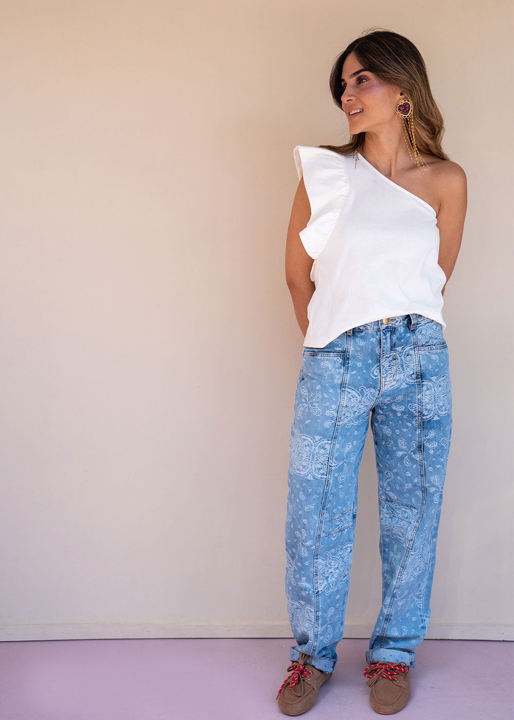 Indigo cotton drill jean with paisley print, barrel leg, and patch back pockets, view 2