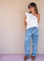 Indigo cotton drill jean with paisley print, barrel leg, and patch back pockets, view 2