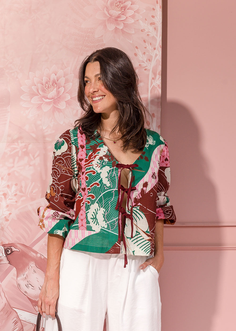 burgundy printed linen-effect long-sleeve shirt with tie v-neck