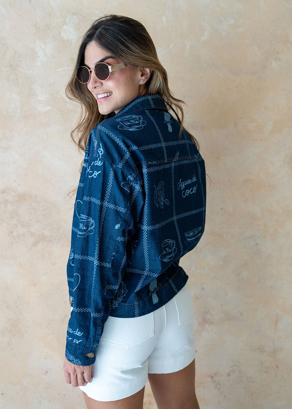 blue printed shirt side profile full length