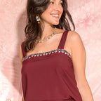 burgundy printed sleeveless chalis top with wide straps