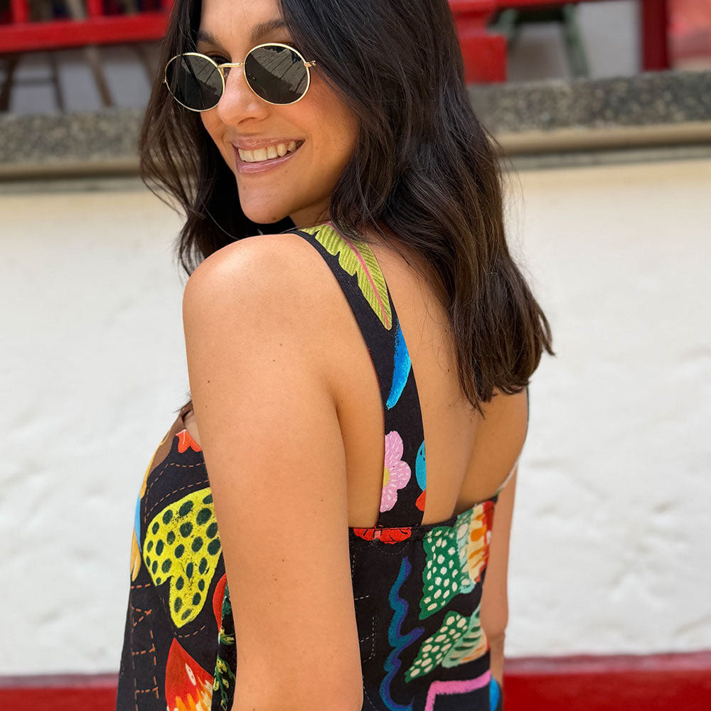 black printed top built-in inner top close-up
