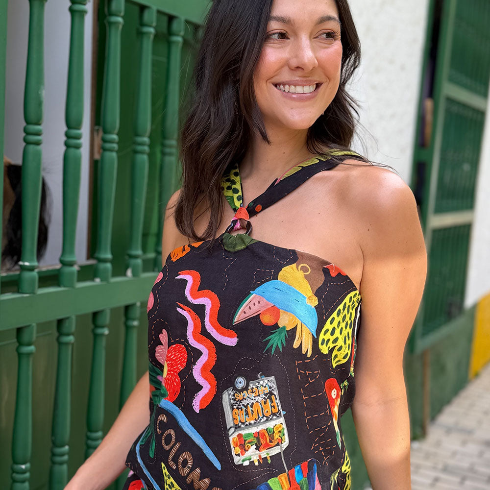 black printed cotton top side profile view
