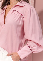 pink linen long-sleeve shirt with contrast piping and gathered yoke view 3