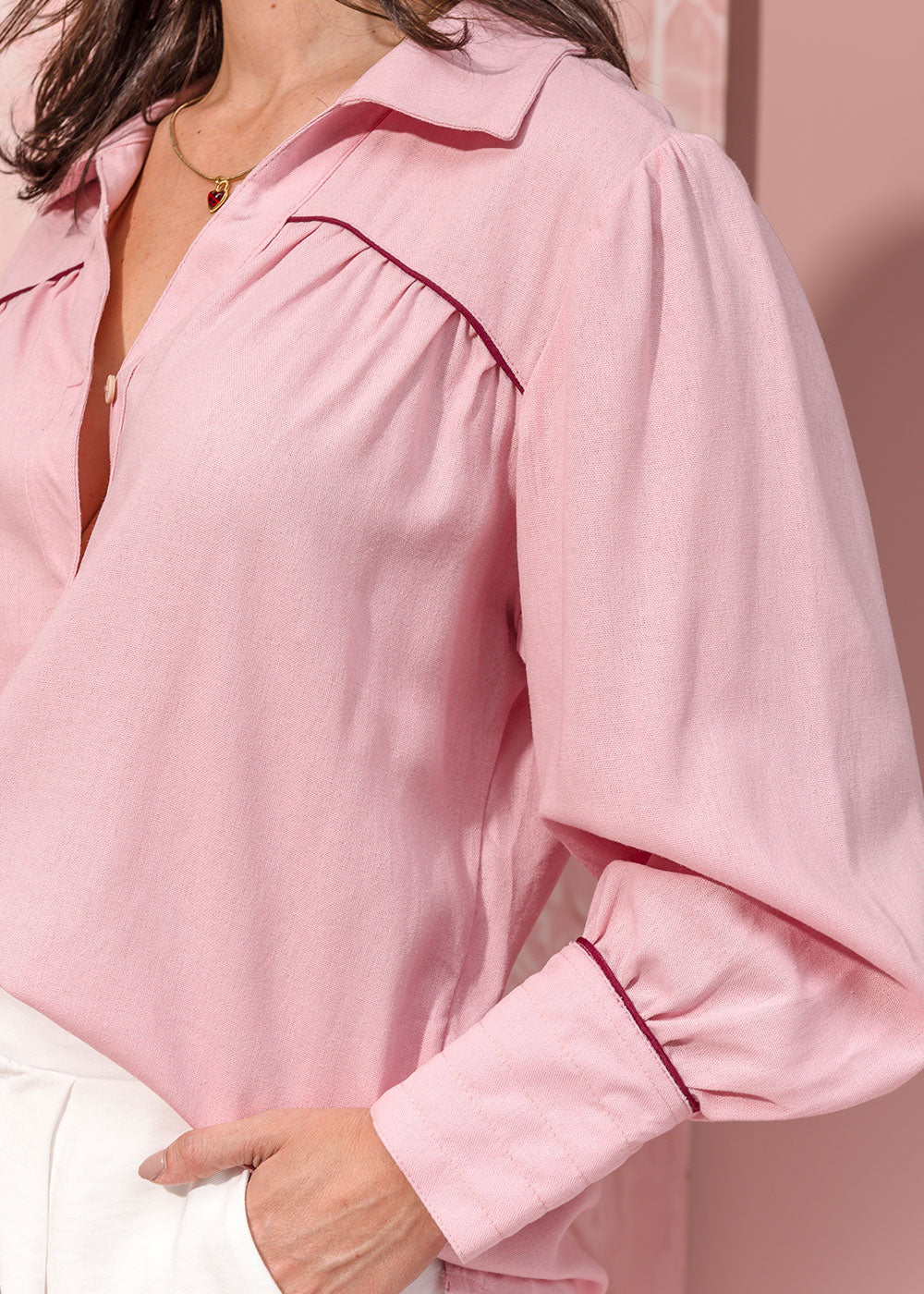 pink linen long-sleeve shirt with contrast piping and gathered yoke view 3