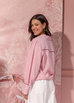 pink linen long-sleeve shirt with contrast piping and gathered yoke view 4