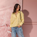 yellow linen long-sleeve shirt with band collar and patch pocket view 2