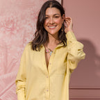 yellow linen long-sleeve shirt with band collar and patch pocket