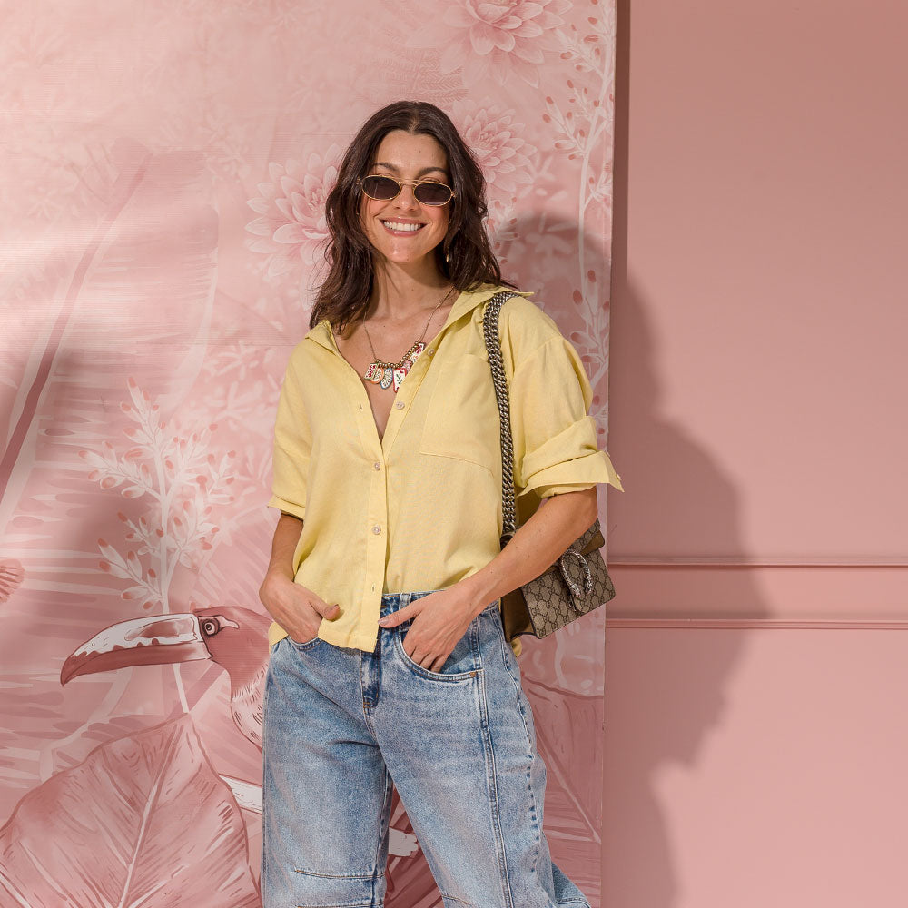 yellow linen long-sleeve shirt with band collar and patch pocket view 4