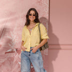 yellow linen long-sleeve shirt with band collar and patch pocket view 4