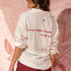 ivory linen long-sleeve shirt with red localized prints band collar view 6