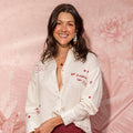 ivory linen long-sleeve shirt with red localized prints band collar