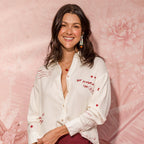 ivory linen long-sleeve shirt with red localized prints band collar