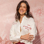 ivory linen long-sleeve shirt with red localized prints band collar view 5