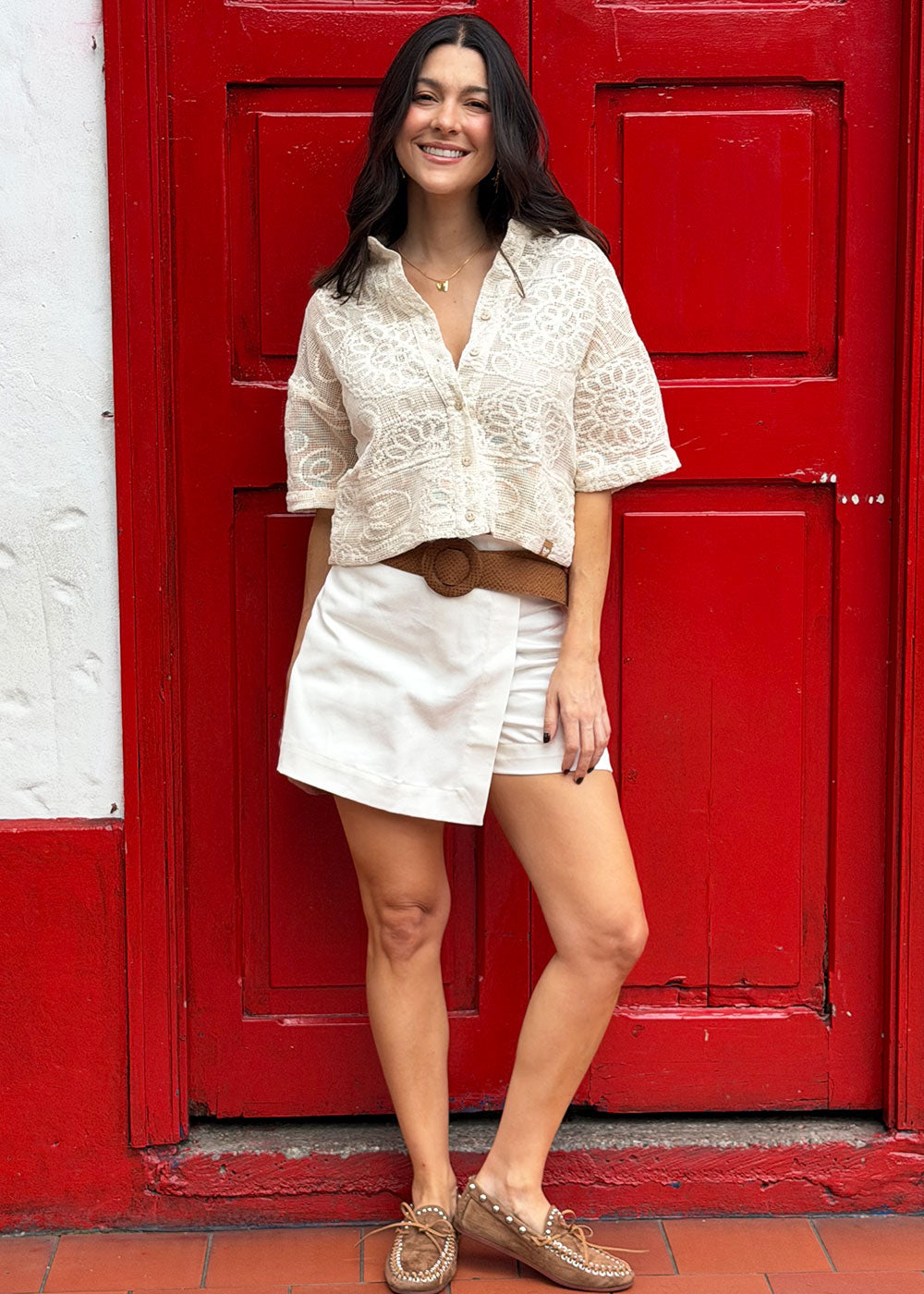 beige embroidered shirt band collar button placket detail
