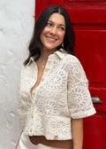 short-sleeve beige woven shirt with embroidery front view