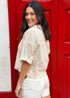 beige woven shirt full-length lifestyle shot
