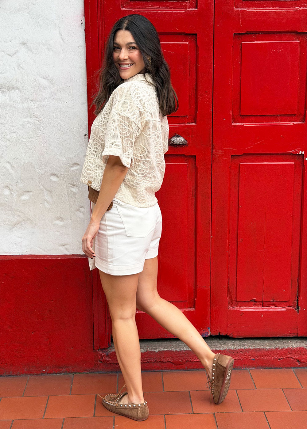beige woven shirt cuffed sleeve detail