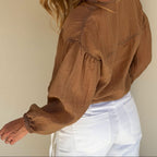 brown crinkle shirt side profile full length