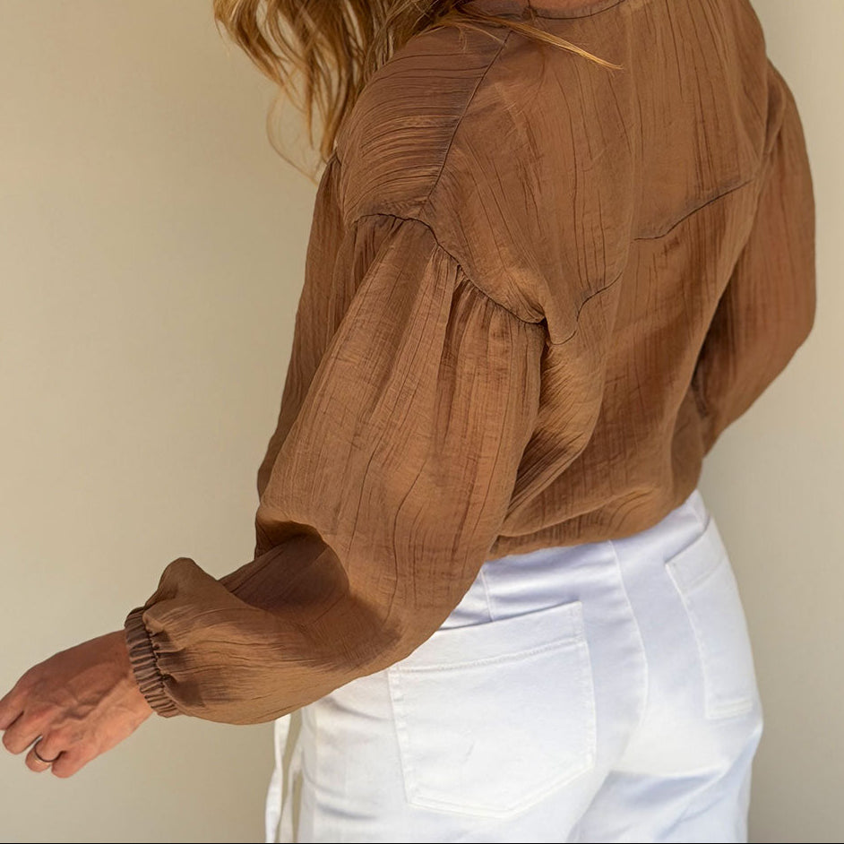brown crinkle shirt side profile full length