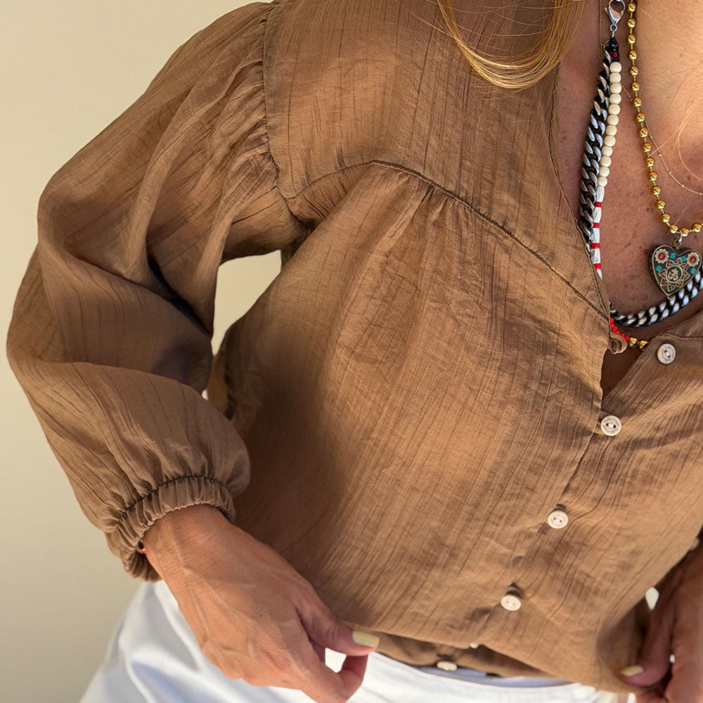 brown crinkle shirt relaxed silhouette back view