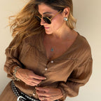 brown crinkle shirt elasticated cuff detail close-up