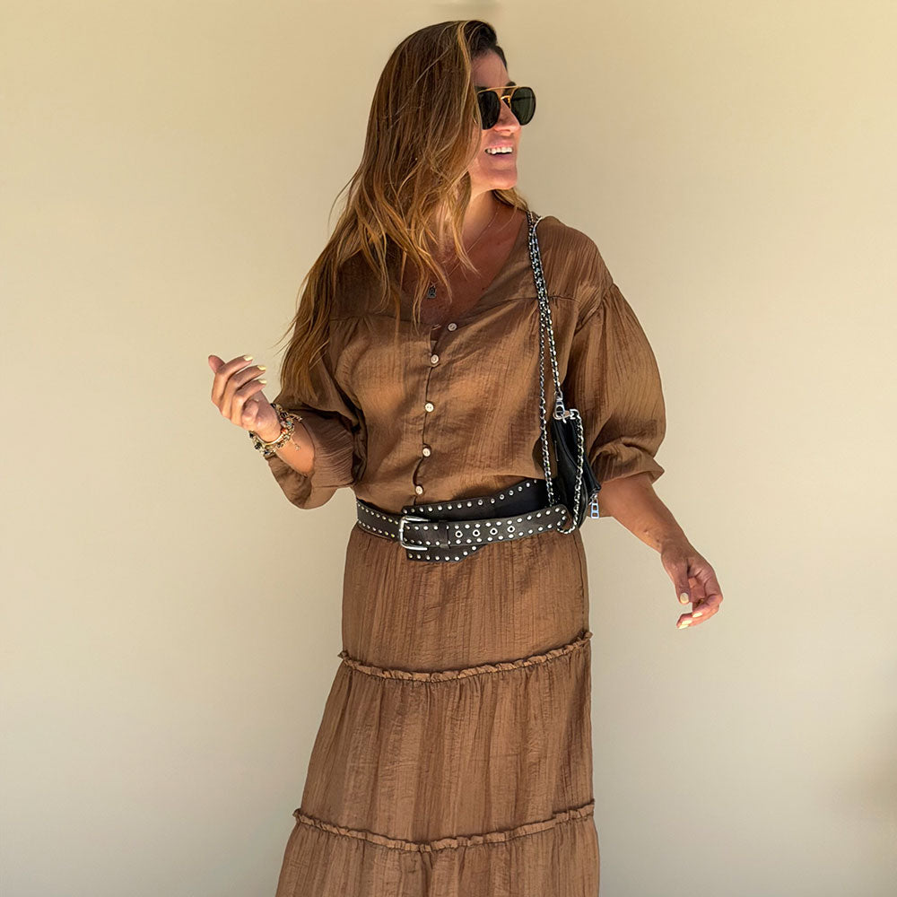 brown long sleeve shirt crinkle texture fabric detail