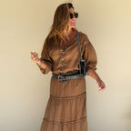 brown long sleeve shirt crinkle texture fabric detail