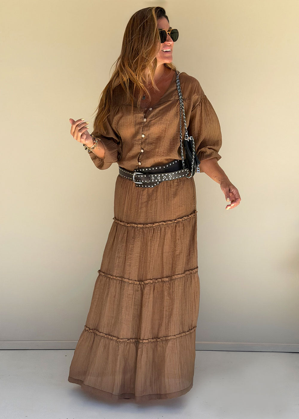 long printed café mesh skirt elastic waistband front view