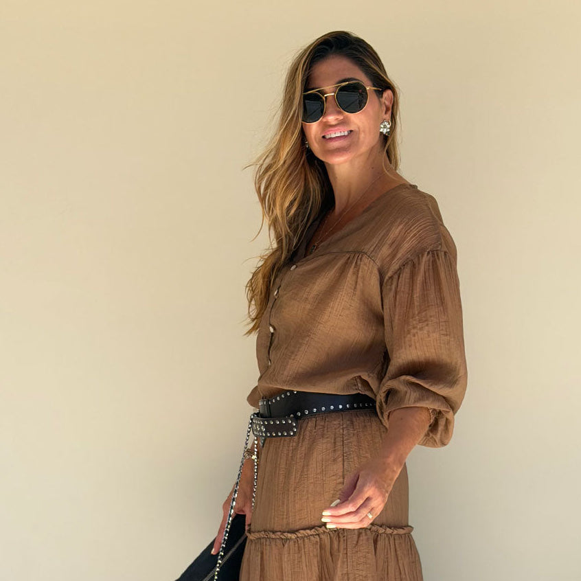 brown relaxed long sleeve shirt lifestyle shot