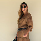 brown relaxed long sleeve shirt lifestyle shot