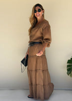 long mesh skirt inner lining and gathered cuts detail