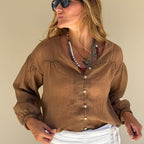 brown crinkle long sleeve shirt V-neckline front buttons front view