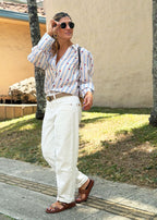 Blue challis shirt with all-over red heart print, sport collar, and gathered sleeves, view 2