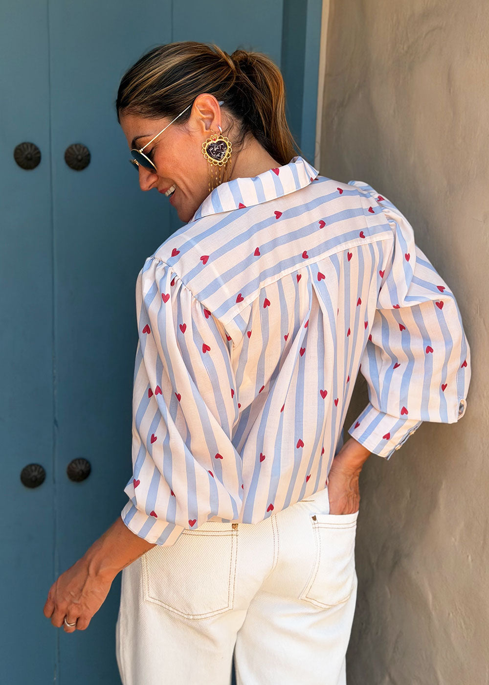 Blue challis shirt with all-over red heart print, sport collar, and gathered sleeves, view 6