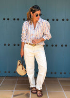 Blue challis shirt with all-over red heart print, sport collar, and gathered sleeves, view 7