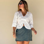 ivory woven shirt three-quarter sleeve and cuff detail