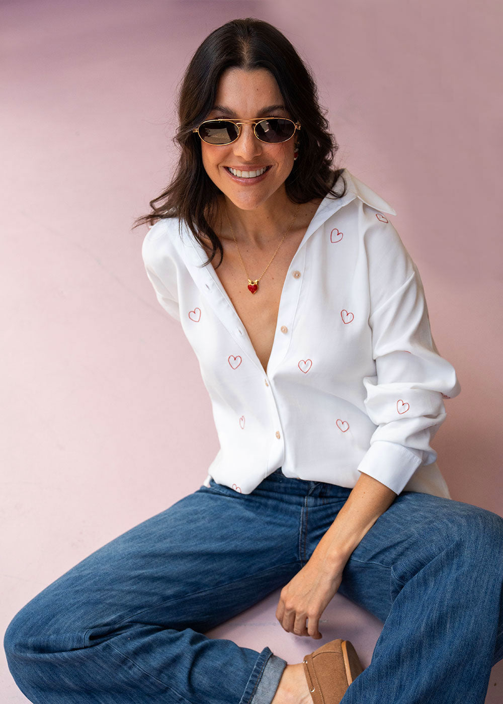 Ivory viscose challis shirt with red heart embroidery, band collar, and buttoned cuffs, view 7