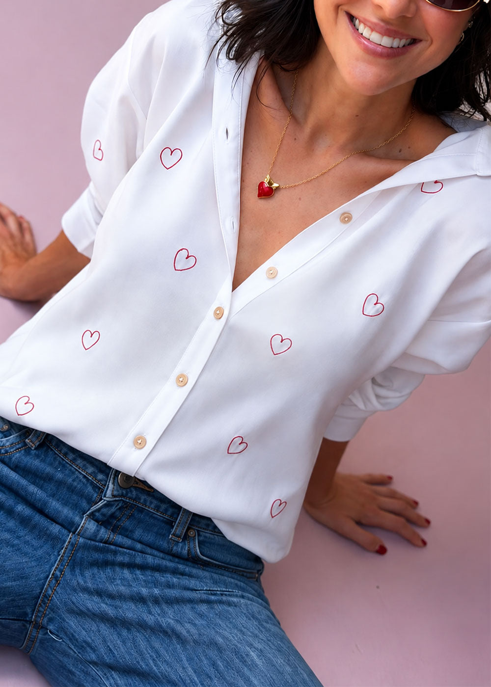 Ivory viscose challis shirt with red heart embroidery, band collar, and buttoned cuffs, view 2