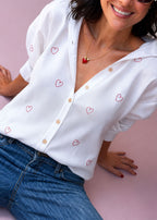 Ivory viscose challis shirt with red heart embroidery, band collar, and buttoned cuffs, view 2